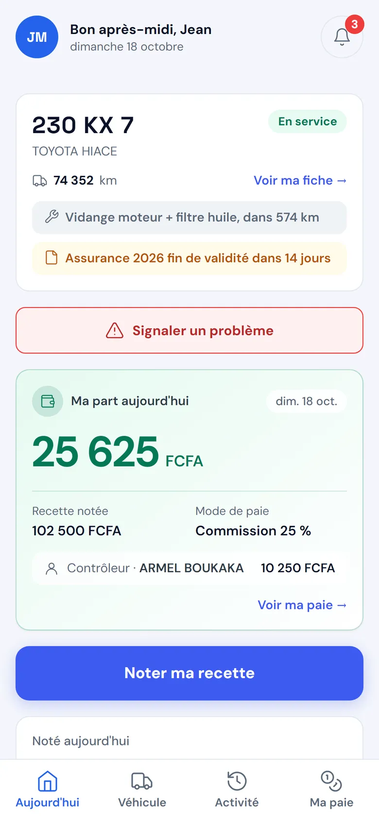 L'accueil du chauffeur : son véhicule, l'entretien et l'assurance à venir, sa part du jour.