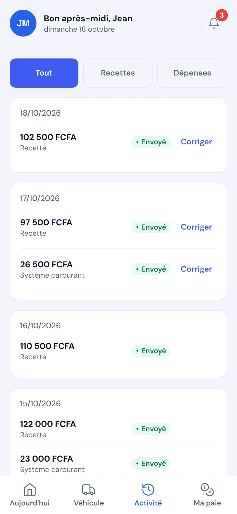 Mon activité : les recettes et dépenses notées par le chauffeur, jour par jour, avec leur état d'envoi.
