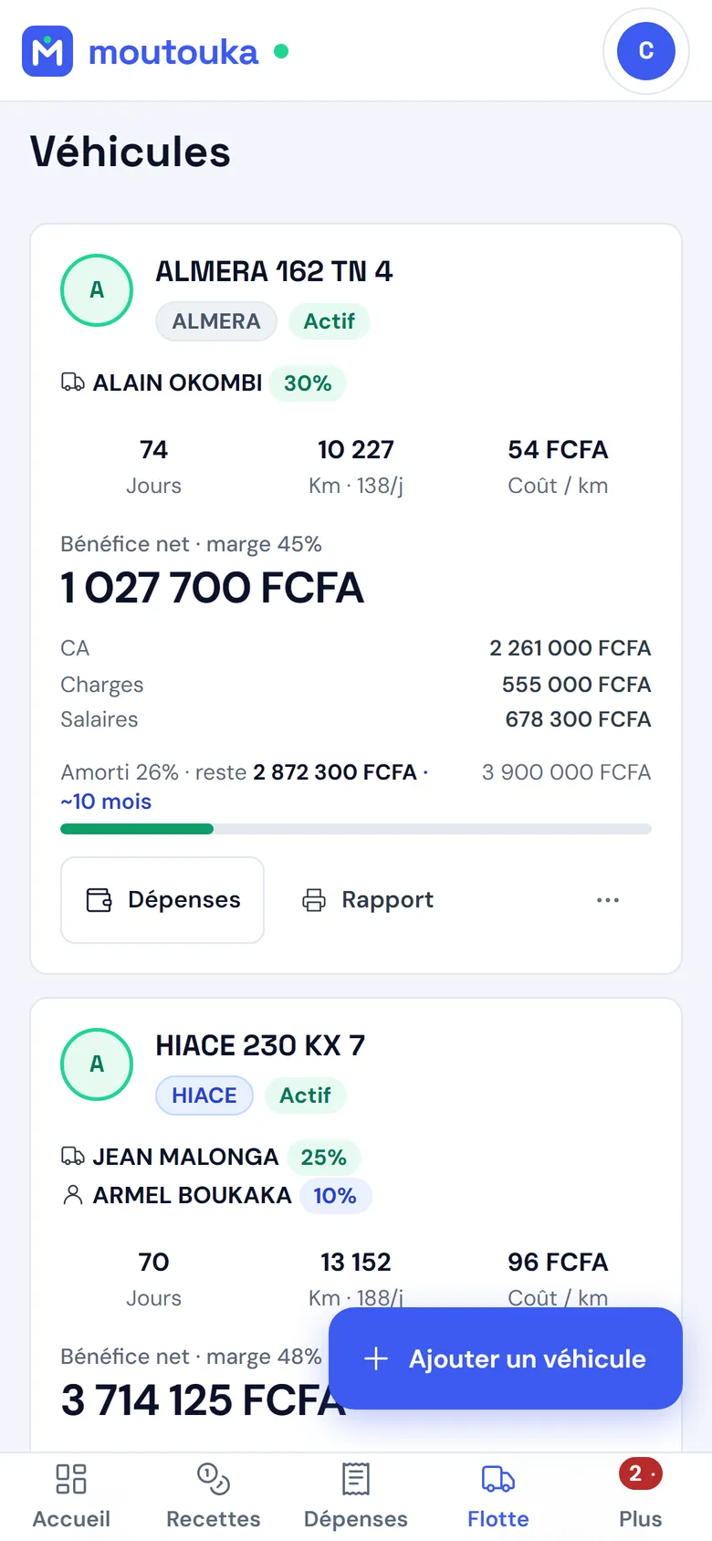 L'écran Véhicules sur téléphone : chaque véhicule avec sa note, son chauffeur, ses jours, ses kilomètres, son coût au kilomètre et son bénéfice net.